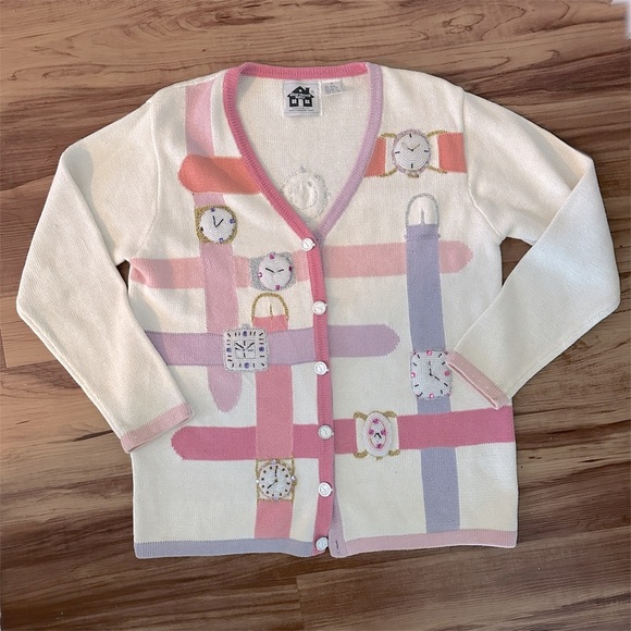 STORYBOOK KNITS Clock Watches Story Time VINTAGE Sweater Cardigan RARE Sz. M - Picture 7 of 8